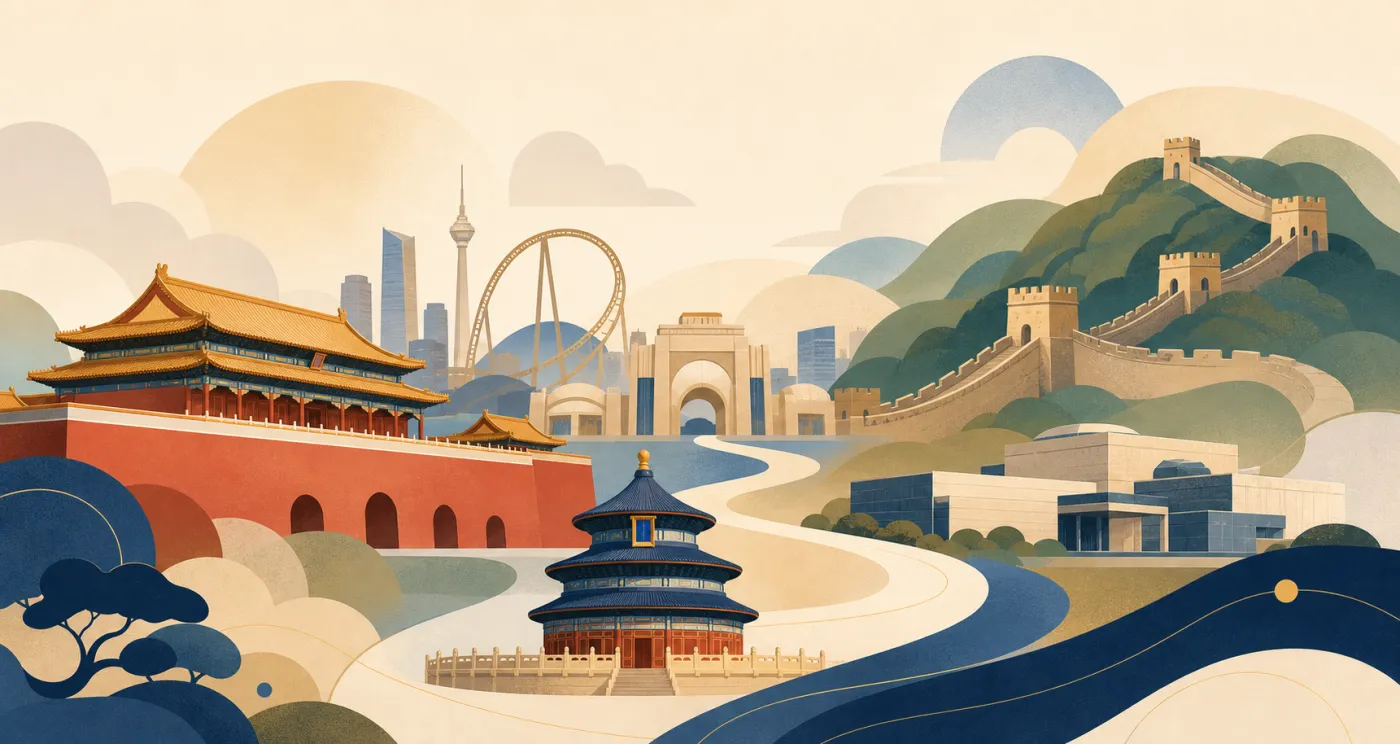 北京、故宫天坛、环球影城和慕田峪抽象旅行图